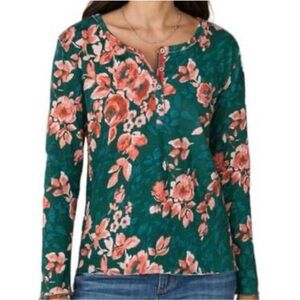 Sundance Rosey Delights Henley Top Floral Green Orange Cotton XS